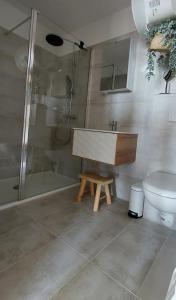 uma casa de banho com um lavatório, um chuveiro e um WC. em Un balcon sur la mer em Ajaccio