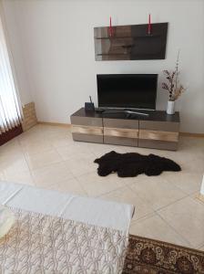 a black animal laying on the floor in a living room at Villa Mars in Sunny Beach