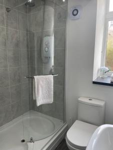 a bathroom with a shower and a toilet and a sink at Arkleside Country Guest House in Reeth
