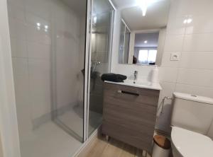 een badkamer met een douche, een wastafel en een toilet bij Charmant T2 proche plage avec terrasse privative in Royan
