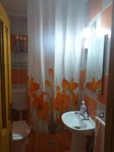 un bagno con lavandino e tenda doccia con fiori di Cabana La Cucu a Vadu Moţilor