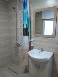 a bathroom with a sink and a shower with a mirror at Cabana La Cucu in Vadu Moţilor