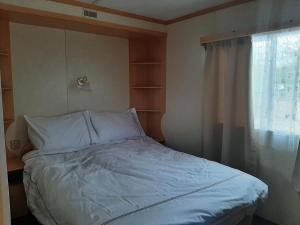 a bed with white pillows and a window in a room at Cadwgan Caravan in Dyffryn