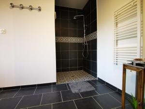a bathroom with a shower with black tiles at LE GAI LO GITE in Villers-Pol +56 photos