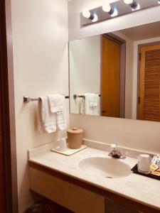 a bathroom with a sink and a mirror at Alex Hotel and Suites in Anchorage