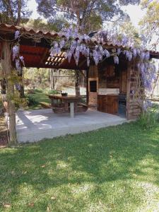 eine Pergola mit einem Picknicktisch und lila Krätzen in der Unterkunft Sítio Cabanas da Lu in Canela