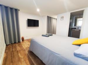een slaapkamer met een bed en een tv aan de muur bij Charmant T2 proche plage avec terrasse privative in Royan