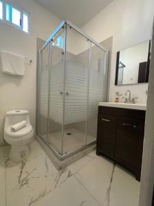 a bathroom with a shower and a toilet and a sink at Hotel YA'AX HA' Bacalar in Bacalar +42 photos
