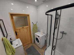 a bathroom with a shower and a toilet and a door at Apartament Antonio in Nysa