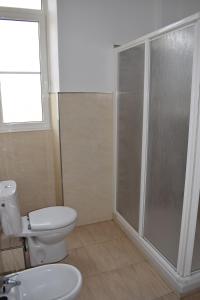 La salle de bains est pourvue de toilettes et d'une douche en verre. dans l'établissement Albareda piso super-céntrico en Sarria, à Sarria