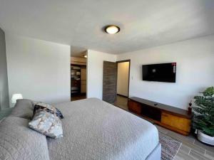 1 dormitorio con 1 cama y TV de pantalla plana en Lovely 2 bedroom rental unit with free parking, en Guatemala