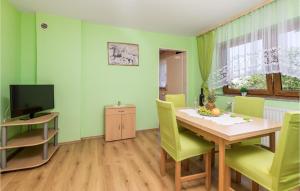 Stunning Apartment In Otocac With Wifi في أوتوتشاتش: غرفة طعام بجدران خضراء وطاولة وكراسي