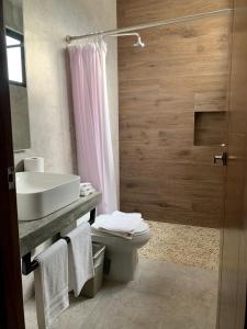 a bathroom with a sink and a toilet and a shower at Las Palmas Studios in Cancún