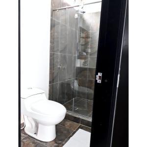 La salle de bains est pourvue d'une douche et de toilettes. dans l'établissement Reserva del Arrayan, à Tota