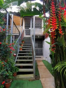 a staircase leading up to a house with flowers at Cozy Sudio#1, 5min Beach & 1 hour Liberia Int ARPTO in La Cruz