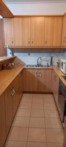 a kitchen with wooden cabinets and a sink at Vasi in Markopoulo