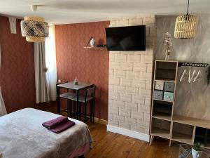 a bedroom with a bed and a tv on a wall at Chambre D'hôte Villa Maurice in Étretat