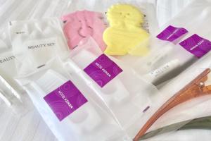 a package of beauty products sitting on a table at Hotel Keihan Universal Tower in Osaka