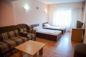 a living room with a couch and a bed at Hotel Vlasca in Giurgiu