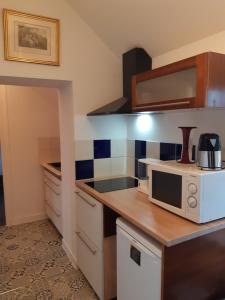 eine Küche mit einer Arbeitsplatte und einer Mikrowelle in der Unterkunft Maison des Isles in Saint-Hilaire-du-Harcouët
