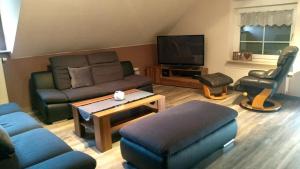 a living room with a couch and a tv at Ferienwohnung Naturblick in Schönhagen