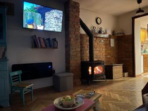 sala de estar con chimenea y TV en Holiday home DEDINA HIŽICA en Sveti Urban