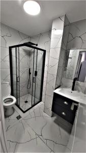 a bathroom with a shower and a toilet and a sink at Diamond Suites Eilat in Eilat