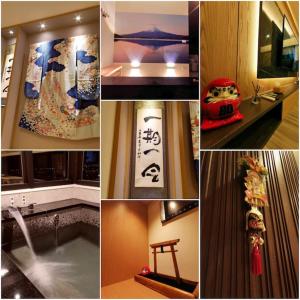 un collage de fotos de una habitación con una mesa y una silla en 秒飛日本 頭城小京都町家溫泉之宿, en Toucheng