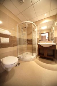 a bathroom with a toilet and a shower and a sink at Margaréta Penzión in Veľký Meder