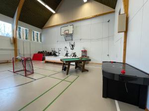 a room with a ping pong table and a basketball hoop at Koulumäki in Kärkölä