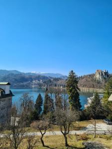 vistas a un lago con árboles en el primer plano en Vila Gorenka, en Bled