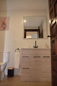 a bathroom with a sink and a toilet and a mirror at Apartamento Hiedra in Santillana del Mar