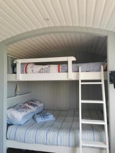 Bunk bed o mga bunk bed sa kuwarto sa Allibella Shepherds Hut, Amazing Seaview, Private garden, Pet Friendly