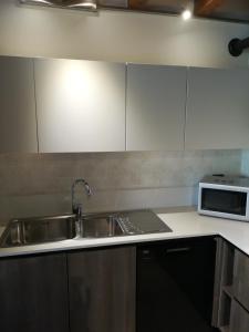 een keuken met een wastafel en een magnetron bij Casa Lorena in Desenzano del Garda