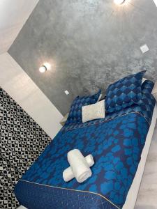 安錫的住宿－Le 56，一间卧室配有蓝色的床、蓝色床单和枕头