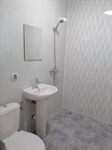 ein weißes Bad mit einem WC und einem Waschbecken in der Unterkunft Къща за гости Релиса in Razgrad