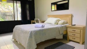 1 dormitorio con 1 cama, vestidor y TV en Tiger Hostel, en Medellín