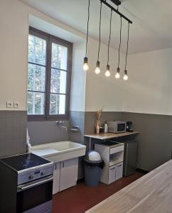 a kitchen with a sink and a stove at Domaine de la Ferme de Jean Grogne in Fontenay-Trésigny