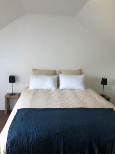 a large bed with two pillows and two lamps at Cottage 102 in Saumur