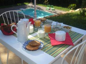 una mesa blanca con desayuno y bebidas. en La Colline des Endrevies, en Saint-André-dʼAllas