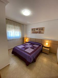 ein Schlafzimmer mit einem lila Bett und einem Fenster in der Unterkunft Valparaiso Marina Dór Planta 7 in Oropesa del Mar