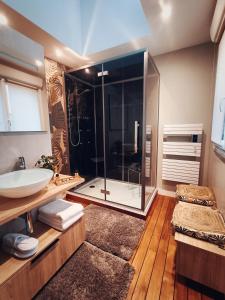 a bathroom with a glass shower and a sink at L'Entracte et son spa privatif in Esquelbecq