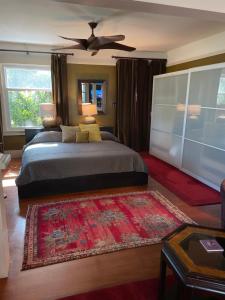 1 dormitorio con 1 cama y ventilador de techo en The 3 Dux en Santa Bárbara