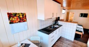 a kitchen with a picture of fruit on the wall at Bungalow "Achtern" in Zingst