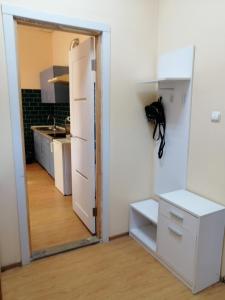 Zimmer mit einem Spiegel und einer Küche mit einer Theke in der Unterkunft Freedom in Uschhorod