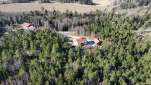 an aerial view of a house in a forest at Mysig och modern Stuga på Snögård, nära havet och naturen in Lur