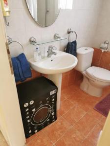 een badkamer met een wastafel, een toilet en een spiegel bij Appartement Limnos Gardens in Paphos City