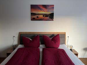 a bedroom with a bed with red pillows at See-Eck in Überlingen