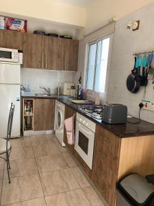 een keuken met een wastafel en een fornuis top oven bij Appartement Limnos Gardens in Paphos City