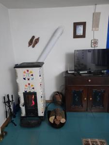 a living room with a fireplace and a tv at Casa Anca Cheile Nerei in Socolari